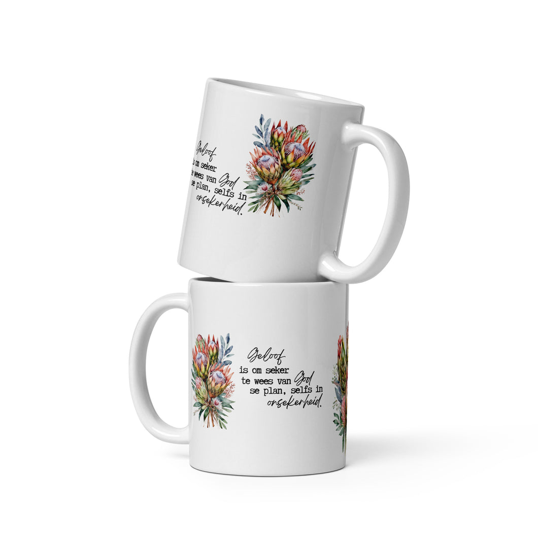 Geloof Protea White glossy mug